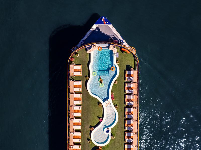 An aerial view of the pool and sundeck of the Sonesta Star Goddess Cruise.